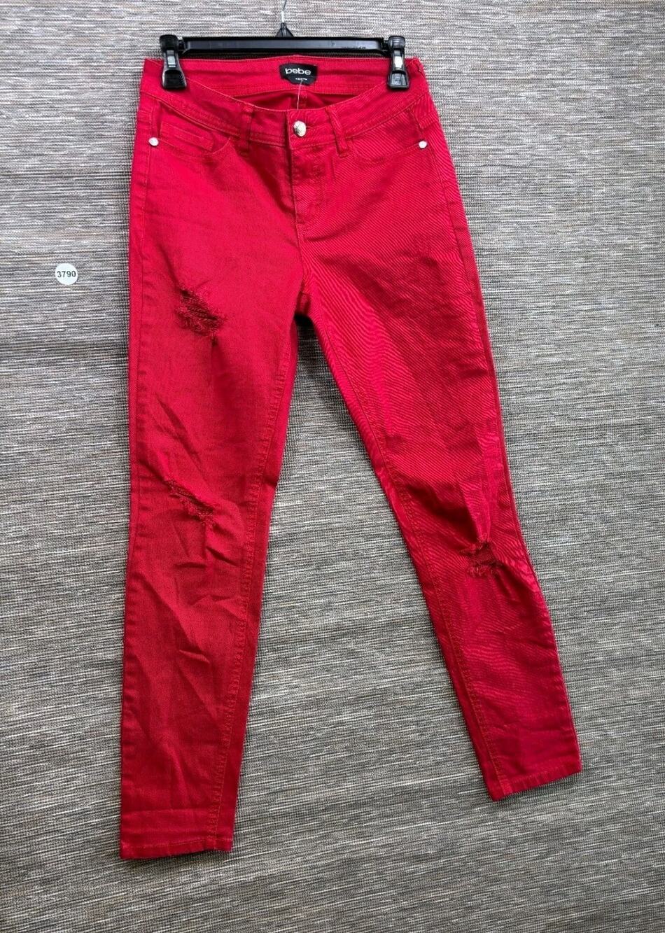 Bebe Skinny Distressed Jeans Womens Size 25 Red Mid Rise Denim Stretch NEW